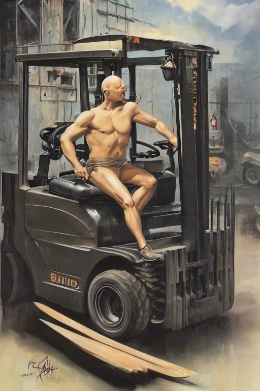 Image similar to a bald man driving a fork lift truck by Frank Frazetta, Ivan Aivakovsky, Boris Vallejo, epic character art, full length, Exquisite detail, post-processing, masterpiece, cinematic, 8k, ultra realistic, hyper detailed