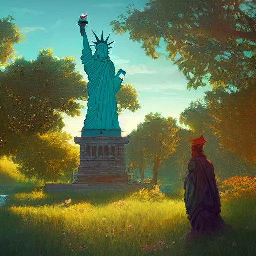 Prompt: a fantasy solarpunk statue of liberty, landscape illustration by greg rutkowski, bright sunlight, sun glints, vivid and colorful trees and plants and flowers, digital art, 8 k, trending on artstation