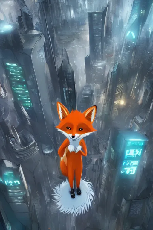 Image similar to an anthropomorphic fox with a fluffy tail staring over a futuristic city from the top of a roof, comic art, trending on furaffinity, cyberpunk, backlighting, cartoon