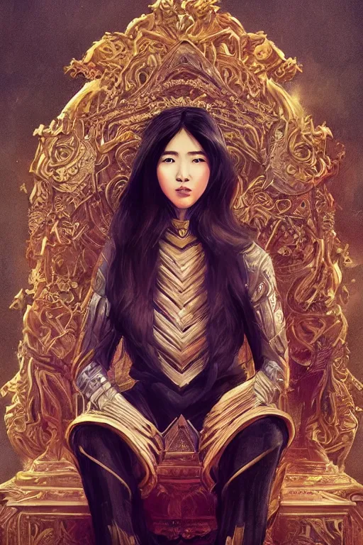 Prompt: a young asian woman with shoulder length hair and strong facial bone structure, queen and ruler of the universe, sitting on her throne, young handsome caucasian men kneeling at her feet, digital painting, highly detailed, intricate, elegant, trending on artstation, art by wlop