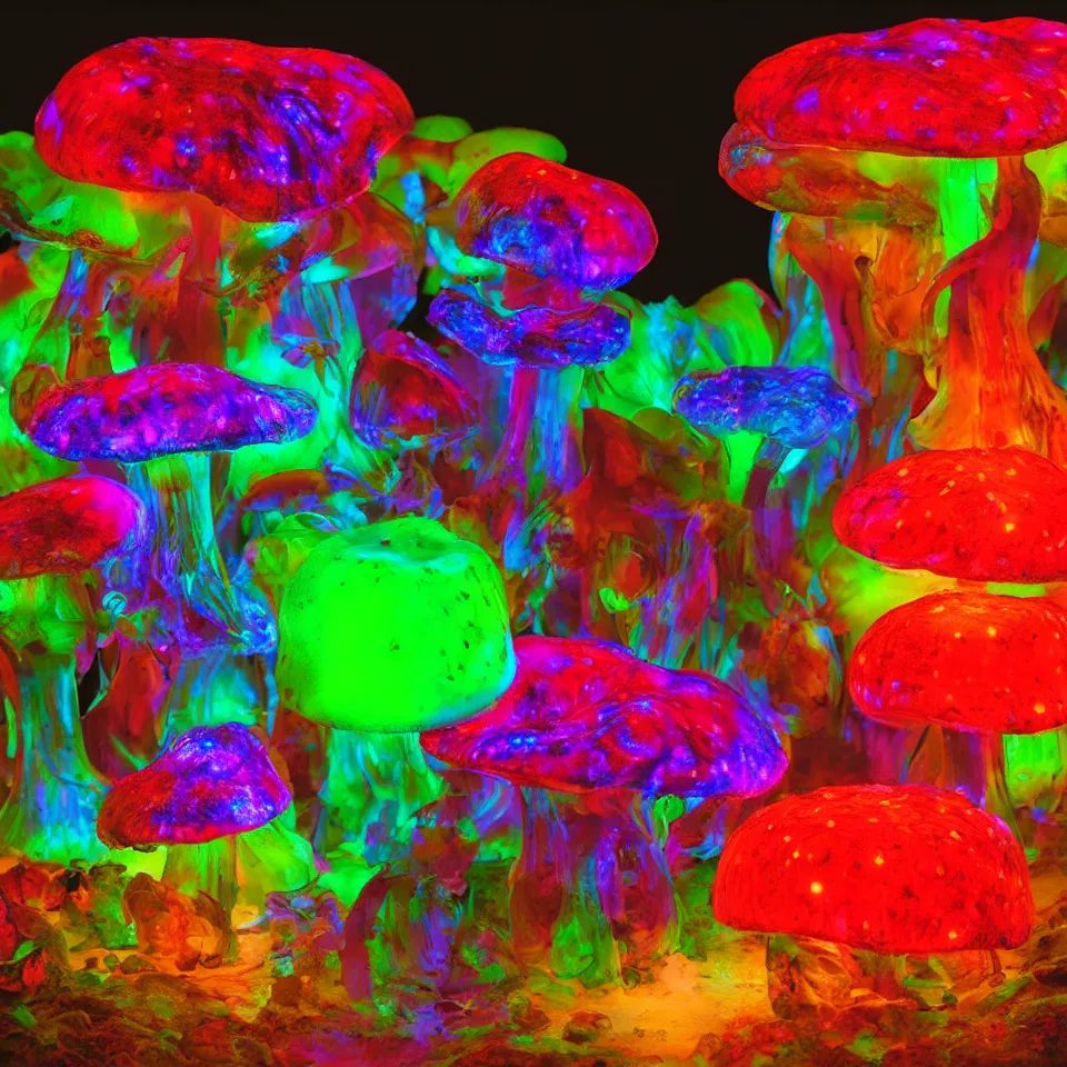 Prompt: a bioluminescent parametric mushroom with veins, deep color, hyperrealistic, lava lamp styling, jeff koons, chihuily