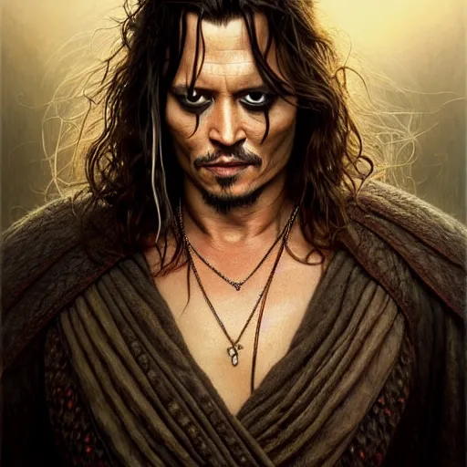 Image similar to wideangle!! portrait shot johnny depp dressed as aragorn, intricate, elegant, highly detailed, centered, digital painting, artstation, concept art, smooth, sharp focus, illustration, artgerm, tomasz alen kopera, peter mohrbacher, donato giancola, joseph christian leyendecker, wlop, boris vallejo