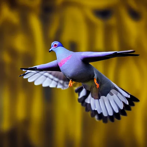 Prompt: Pigeon becoming a Phoenix in four steps, heavy bokeh