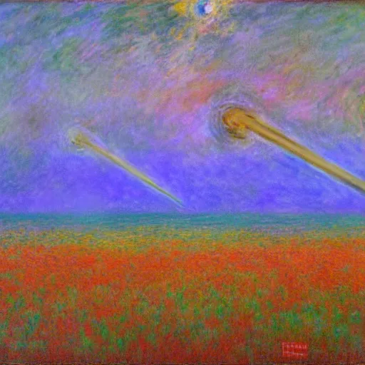 Image similar to painting of an alien invasion apocalypse in the style of Claude Monet