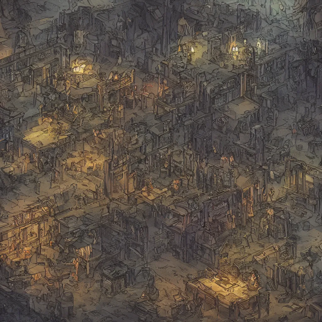 Image similar to An intensely bureaucratic villains lair with dozens of henchman doing paperwork, gridless DND map, 8k digital art, high quality,