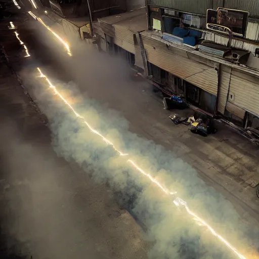 Prompt: wide angle shot from above, muted/dim neon color smoke wisps waft on a current of air through a low energy cluttered parlor and coalesce onto the floor into an outline reminiscent of a high-energy racing horse crossing the finish line.