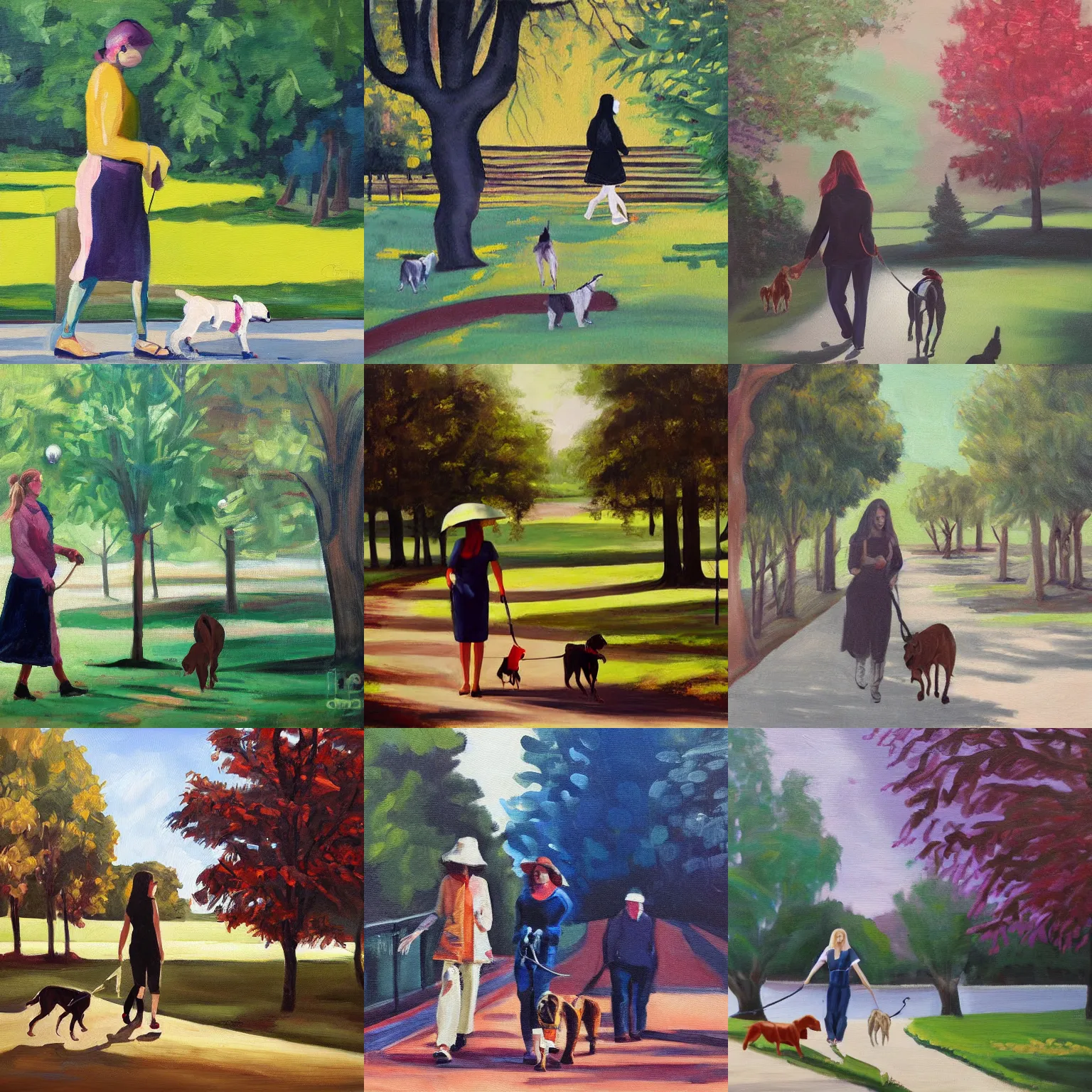 Prompt: painting woman walking a dog in a park