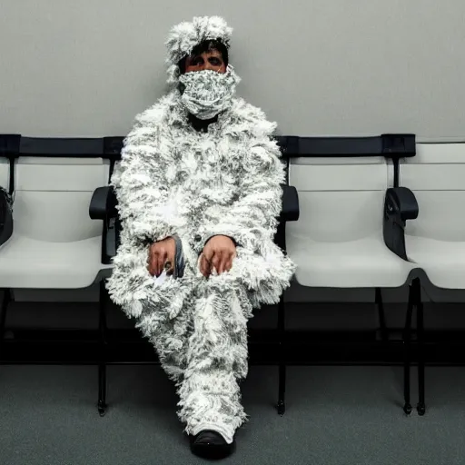 Prompt: a man wearing a white ghillie suit, sitting in a waiting room, film still, white and blue color scheme