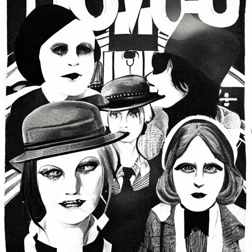 Image similar to hooligan punk woman, female droog, a clockwork orange, woman wearing bowler hat, 1 9 7 1, 1 9 7 1 dystopian england