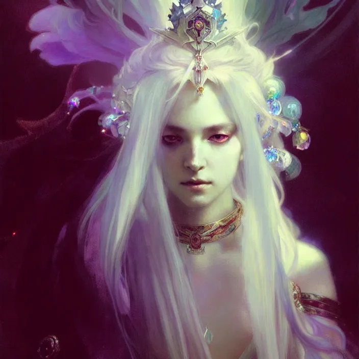 Prompt: a beatiful white haired princess, adorned with precious stone jewelry, intricate concept art, ethereal, ominous, dramatic lighting, Ruan Jia and Jeremy Mann and Alphonse Mucha