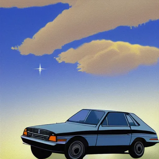 Prompt: digital art, alfred hitchcock drives through the sky with an opel ascona