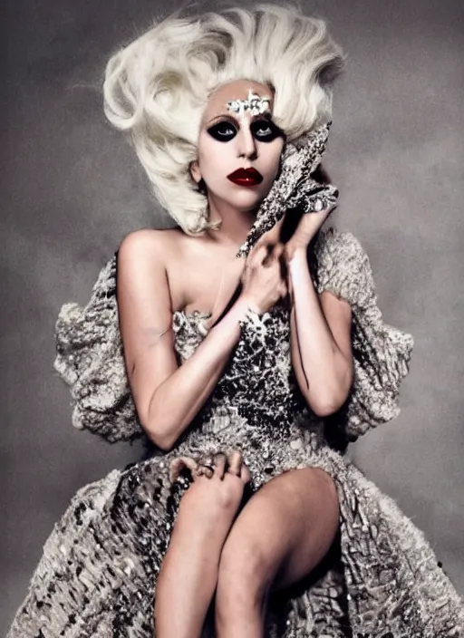 Image similar to lady gaga photoshoot for vogue magazine, couture fashion, shot by annie leibovitz