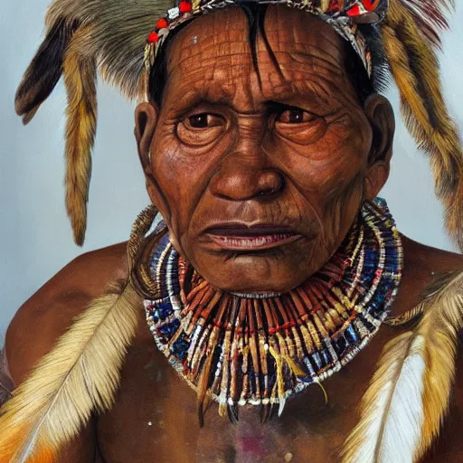 Image similar to high quality high detail painting by lucian freud, hd, full body of a indigenous tribe leader, photorealistic lighting