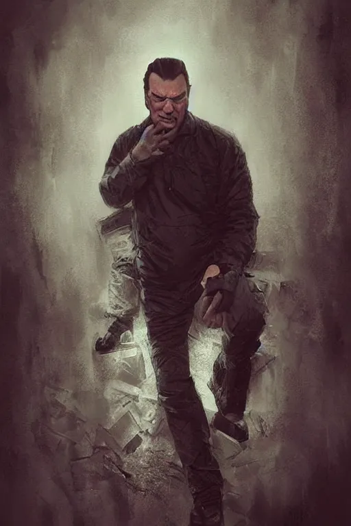 Image similar to sad steven seagal full body portrait in handcuffs, intricate, highly detailed, digital painting, artstation, concept art, smooth, sharp focus, illustration, whimsical background by marc simonetti, artwork by liam wong, patriotic, handcuffs!!!!!!!!
