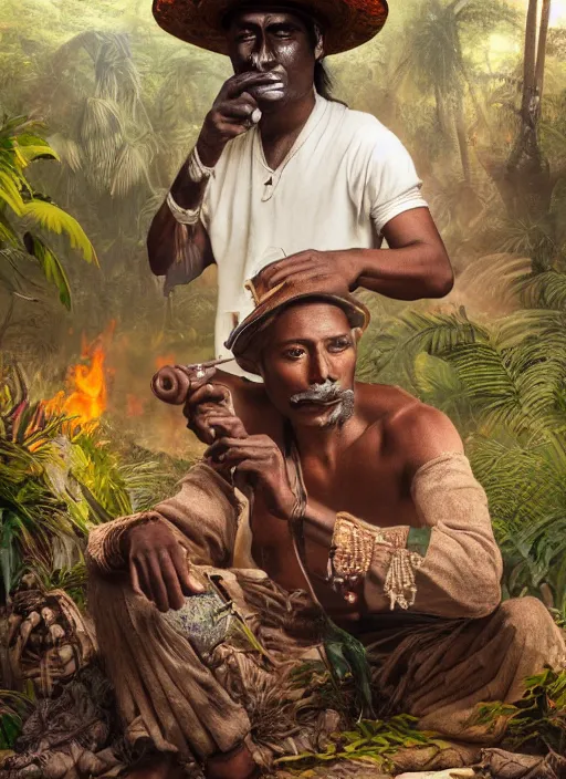 Prompt: a beautiful portrait of an indigenous man with black skin with a wide hat in the jungle, surrounded by smoke, smoking a pipe, mysterious atmosphere, fantasy art, matte painting, highly detailed
