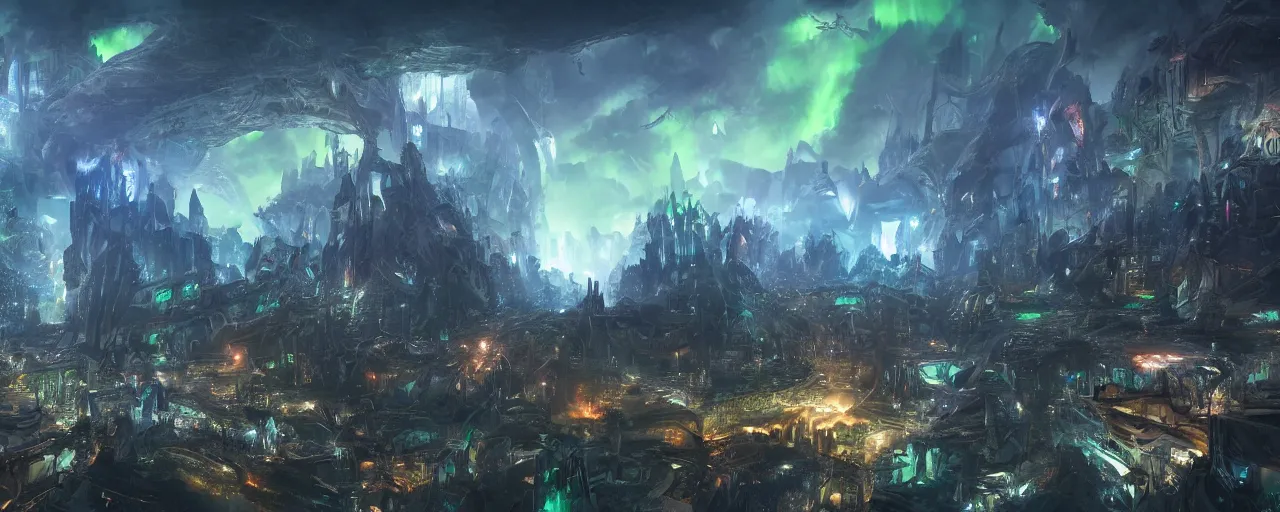 Prompt: fantasy futuristic city split in the middle by a magic ravine, night, aurora, dragons flying overhead, ultra detailed, trending on artstation, 4 k, matte painting, concept art