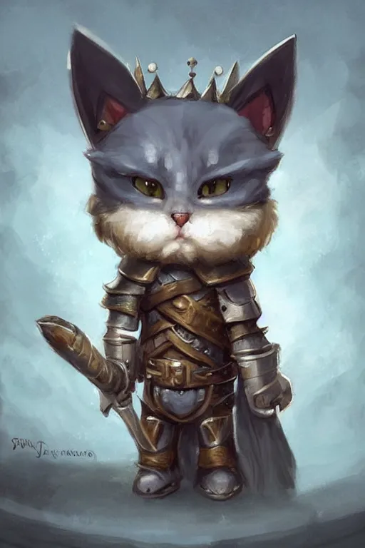 Image similar to cute little anthropomorphic cat knight wearing a cape and a crown, tiny, small, miniature cat , baby animal, short, pale blue armor, cute and adorable, pretty, beautiful, DnD character art portrait, matte fantasy painting, DeviantArt Artstation, by Jason Felix by Steve Argyle by Tyler Jacobson by Peter Mohrbacher, cinematic lighting