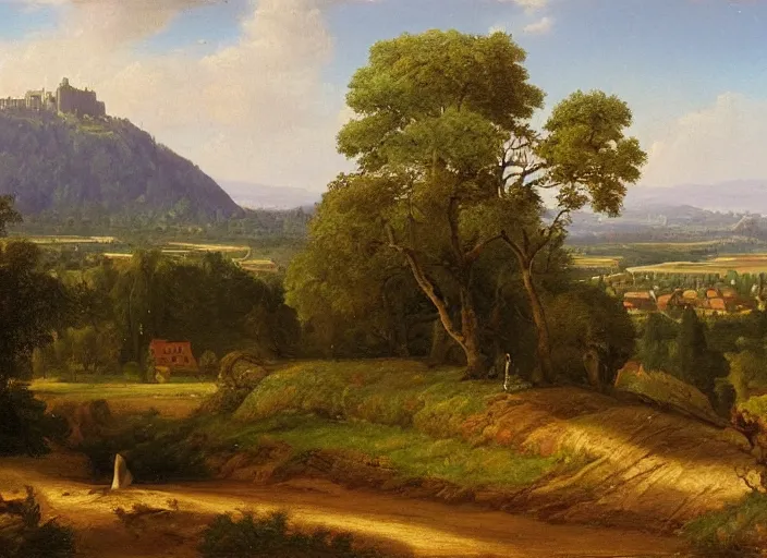 Image similar to nurburg and the surrounding area, germany in the style of hudson river school of art, oil on canvas