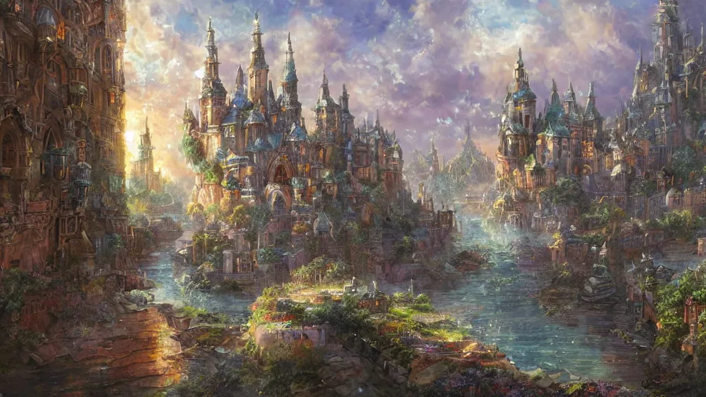 Image similar to fantasy floating city made of crystals sapphires jade and crystals, medieval, cinematic, architecture visualisation, academic painting, oil, landscaoe