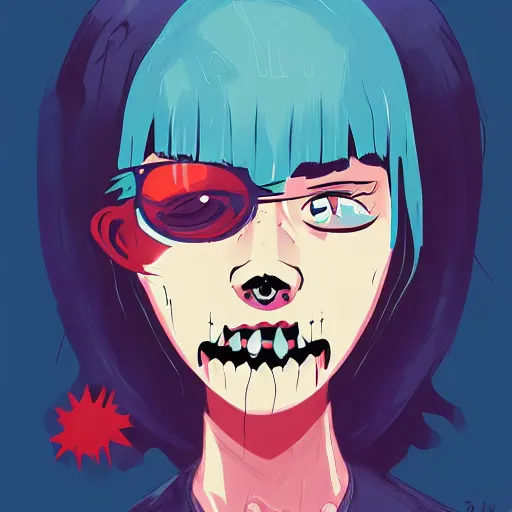 Prompt: Digital portrait of a cartoon punk zombie young lady by Atey Ghailan, by Loish, by Bryan Lee O'Malley, by Cliff Chiang, ((dark blue moody background))