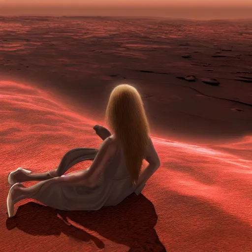 Prompt: Still of a woman with gorgeous flowing hair on Mars, sitting on a Martian rock, reddish atmosphere with detailed highlights, dark gloomy sky cascading upon the atmosphere, well-detailed ornate Martian mountains in the background, trending on artstation, 4k, 8k