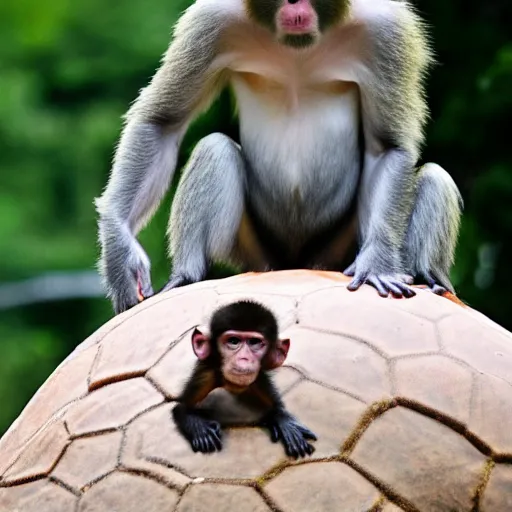 Image similar to a monkey sitting on the back of a turtle