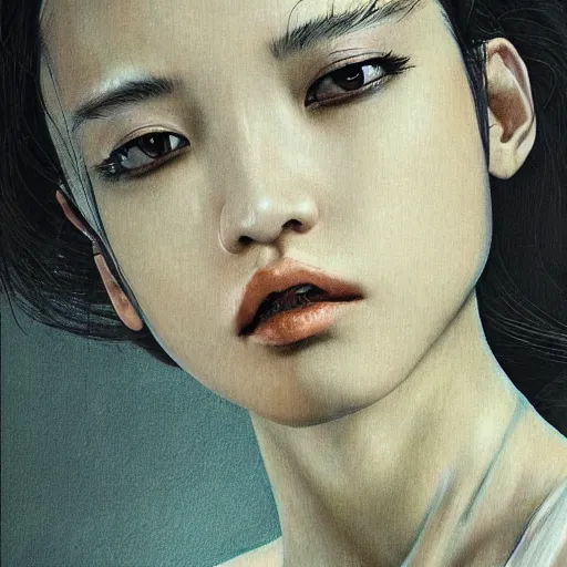 Image similar to Kiko Mizuhara, physically accurate, dramatic dynamic lighting, intricate, elegant, highly detailed, digital painting, artstation, very hyperrealistic, very HR GIGER, Hieronymus Bosch, Francis Bacon, concept art, smooth, sharp focus, illustration, nightmare, somber, very beautiful, fashion photoshoot, cover image, art by artgerm and greg rutkowski and alphonse mucha