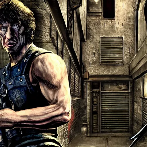 Image similar to todd howard with a switchblade in a alleyway, forcing you to buy skyrim, threatening, sharp, cinematic, colorful, digital art, neon, bright, realism, bold