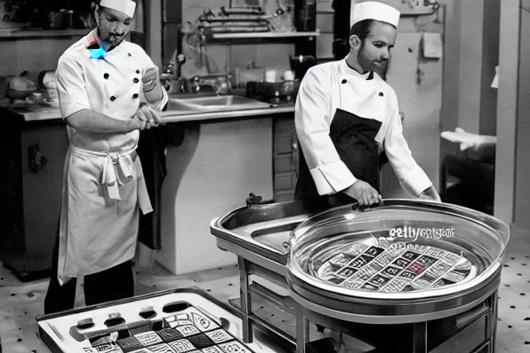 Image similar to italian chef taking a bath on a roulette table fisher - price scene from tv show 5 5 mm