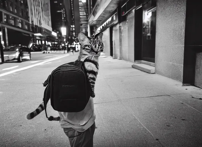 Image similar to photography of a Cat being carried in an half open backpack . in a new york street. award winning photo, led lighting, night, 130mm, sharp, high res