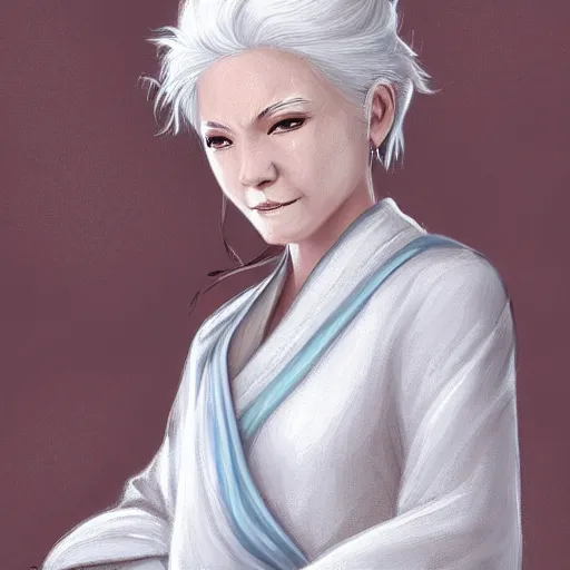 Prompt: white haired lady, white daoist robes, digital painting, highly detailed, full body, d&d, by amiet cuno