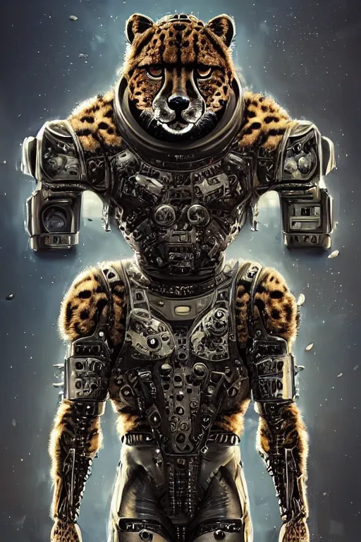 Image similar to a portrait of a muscular anthropomorphic cyberpunk cheetah in spacesuit armor with ensignia on chest plate by sandra chevrier, by jon foster, detailed render, post - processing, extremely hyperdetailed, intricate, epic composition, cybernetics, 4 k realistic, cryengine, realistic shaded lighting, sharp focus, masterpiece, by enki bilal