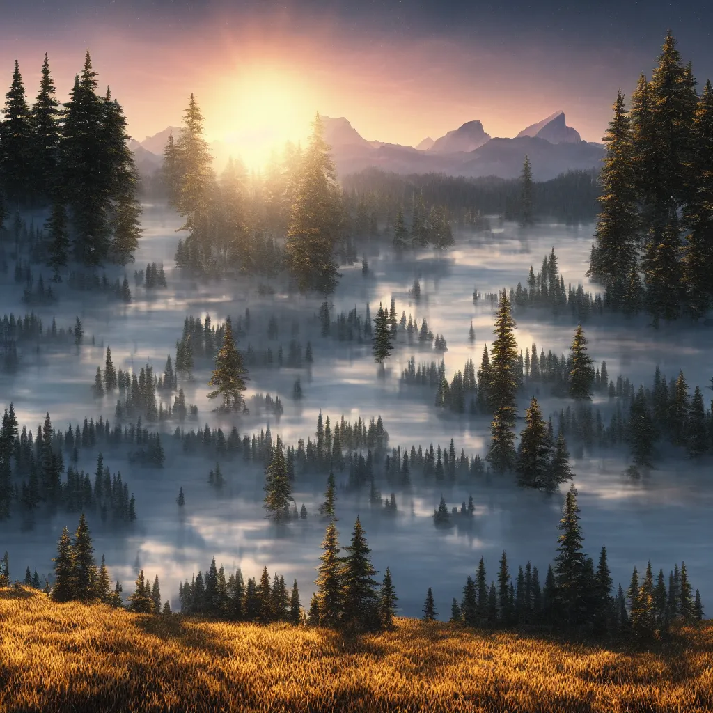 Image similar to epic taiga with a lake, golden hour, misty ground, rocky ground, distant mountains, atmospheric perspective, altostratus clouds, planets, cinematic, 3 5 mm lens, anamorphic lens flare, photographic, octane render, cinematography by roger deakins, in the style of ansel adams