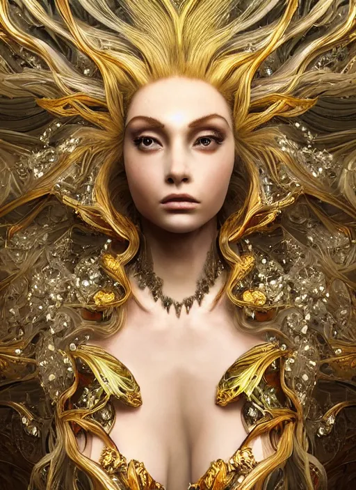 Image similar to beauteous practical sumptuous tattood beautiful face, crystal, gold, copper, bronze biomechanical with incredible iridescent pearlescent voluminous neon hair, crystalline masterpiece incrustations, hyperdetailed face, elegant pose, movie still, intricate, octane render, cinematic forest lighting, unreal engine, crepuscular rays, god rays