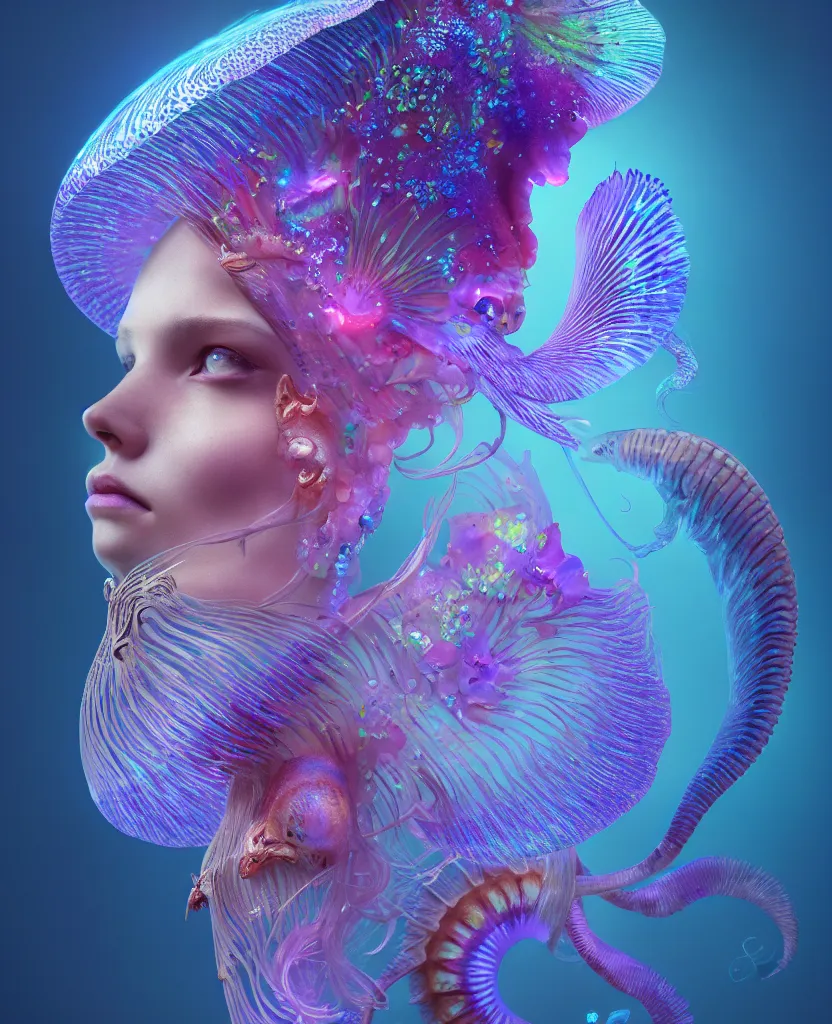 Image similar to goddess close-up portrait. dichroic orchid jellyfish phoenix head, nautilus, skull, betta fish, bioluminiscent creatures, intricate artwork by Tooth Wu and wlop and beeple. octane render, trending on artstation, greg rutkowski very coherent symmetrical artwork. cinematic, hyper realism, high detail, octane render, 8k