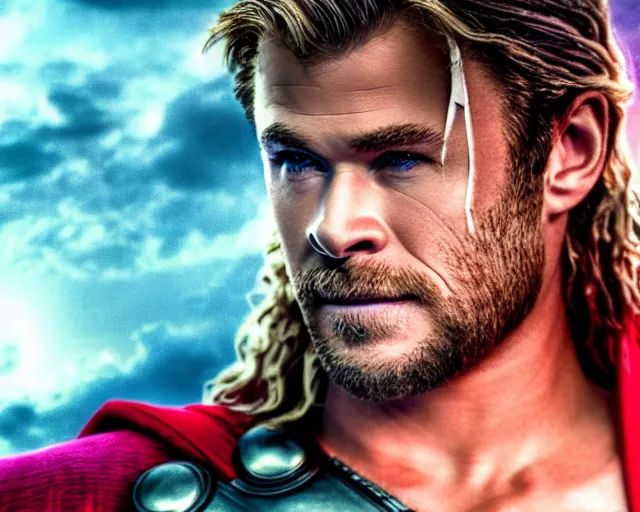 Image similar to Chris Hemsworth as thor wearing drag queen makeup, gay parada background, cinematic shot, 8k resolution, hyper detailed