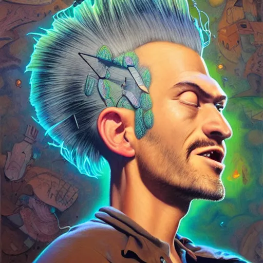 Prompt: lucky mohawk projector portrait by gaston bussierre and charles vess and james jean and erik jones and rhads, inspired by rick and morty, epic, funny, huge scale, beautiful fine face features, intricate high details, sharp, ultradetailed