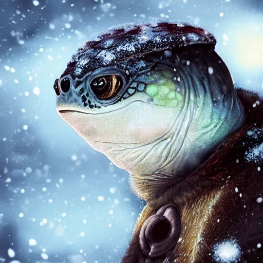 Image similar to anthropomorphic turtle humanoid, carapace, rutkowski, blizzard, winter, night, furs, fantasy