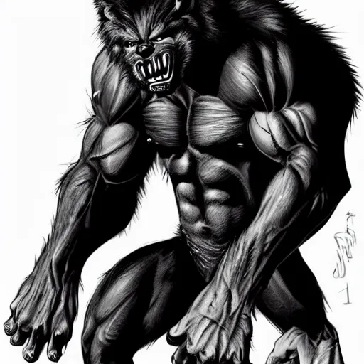 Image similar to a steroids werewolf with absurdly big muscles, intense expression, epic, high detail, high contrast