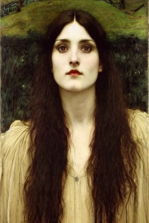 Image similar to A striking Pre-Raphaelite witch with intense eyes and jet black hair, by John Collier, by John William Waterhouse, John Everett Millais