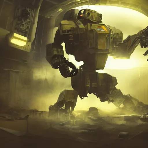 Image similar to failing mecha, dark messy smoke - filled cluttered workshop, dark, dramatic lighting, orange tint, cinematic, highly detailed, sci - fi, futuristic, movie still