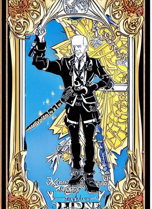 Prompt: joe biden as a kingdom hearts keyblade villain, official square enix tarot card, intricate design, high definition, delicate patterned, fashionable rpg clothing