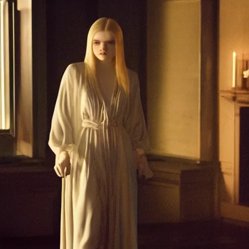 Image similar to vampire Elle Fanning in black robes at night in the world of Edward Hopper, cult, occult, ghosts, extremely detailed masterpiece, oil on canvas, low-key neon lighting, artstation, Blade Runner 2049, Roger Deakin’s cinematography, by J. C. Leyendecker and Peter Paul Rubens,