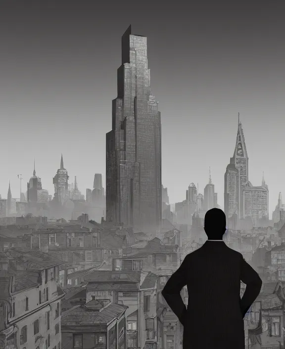 Image similar to human standing on top of the building, watching the city skyline calmly glowing on the background, inspired by isaac levitan, noir comics esthetics, sharp focus, less detailed, 8 k, high resolution