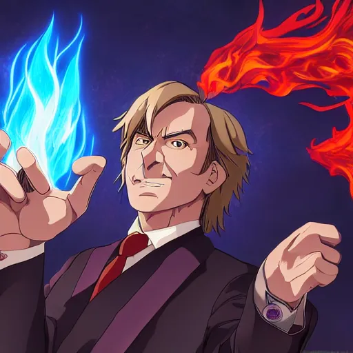 Image similar to portrait of saul goodman wielding the element of transmutation magecraft, fire and water, anime fantasy illustration by tomoyuki yamasaki, kyoto studio, madhouse, ufotable, trending on artstation