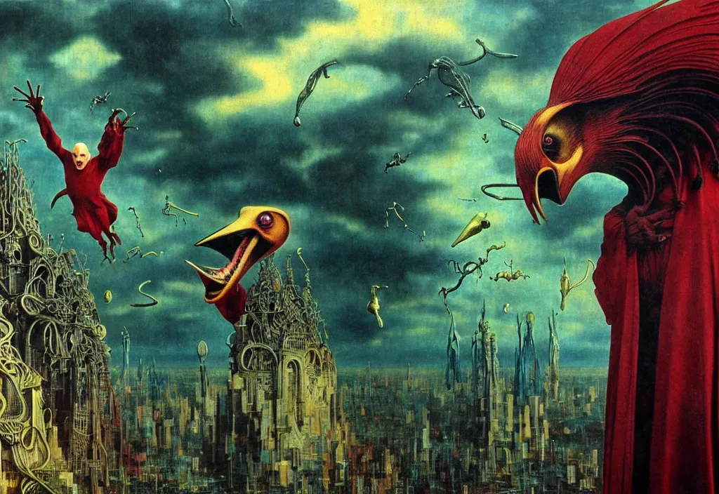 Image similar to realistic detailed portrait movie shot of a screaming birdman wearing black robes, sci fi city landscape background by denis villeneuve, amano, yves tanguy, alphonse mucha, ernst haeckel, max ernst, roger dean, masterpiece, rich moody colours, dog teeth, blue eyes
