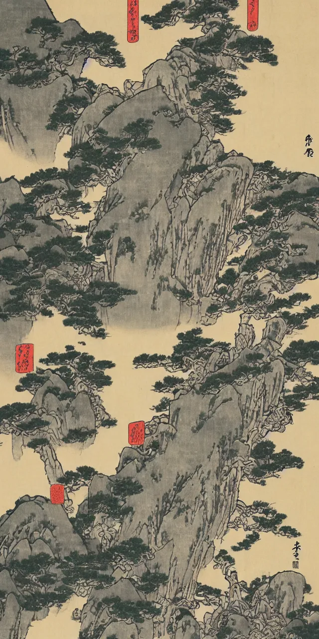 Image similar to taoist temples in huangshan, artwork by katsushika hokusai