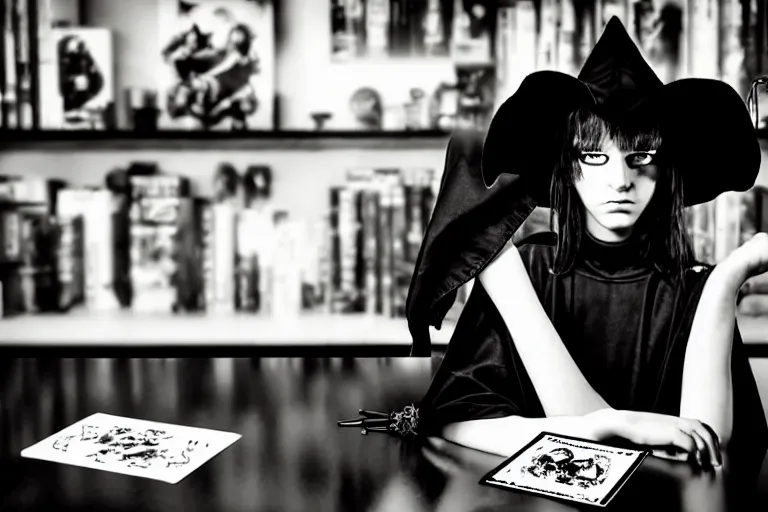 Image similar to close up photo, dramatic lighting, concentration, calm confident cyberpunk teen witch and her cat, tarot cards displayed on the table in front of her, sage smoke, magic wand, a witch hat and cape, apothecary shelves in the background, by yoji shinkawa, black and white