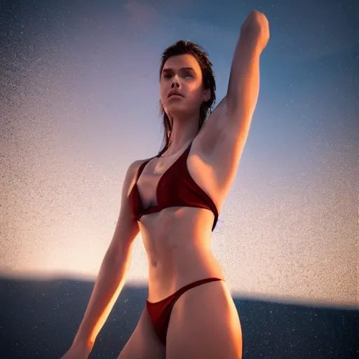 Image similar to full body pose, hyperrealistic photograph of a beautiful beach volleyball woman, dim volumetric lighting, 8 k, octane beautifully detailed render, extremely hyper detailed, intricate, epic composition, cinematic lighting, masterpiece, trending on artstation, very very detailed, stunning, hdr, smooth, sharp focus, high resolution, award, winning photo,