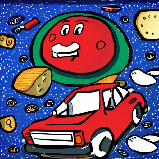 Prompt: A boxer in the upper left hand corner, cheese in the upper right hand corner, a car in the lower left hand corner, and the earth in the lower right hand corner.
